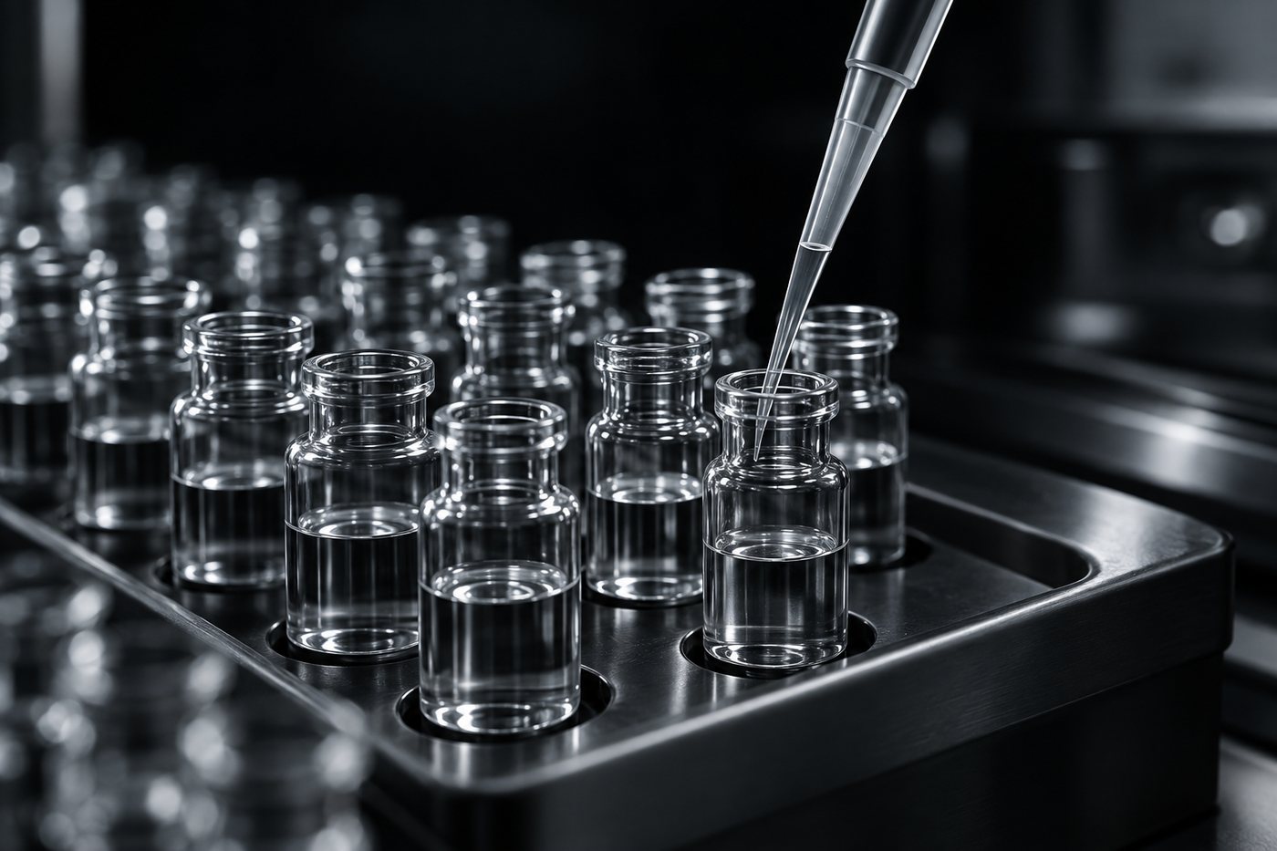 Rows of glass vials being checked in a quality-control laboratory